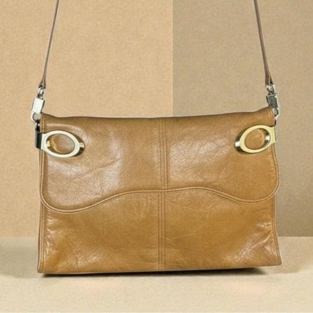 Vintage Rowelt Leather Shoulder‎ Bag Made in Spain Tan Brown Gold Hardware